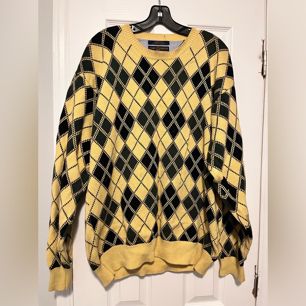 Men’s Vintage Tommy Hilfiger Yellow and Green Argyle Crewneck Sweater